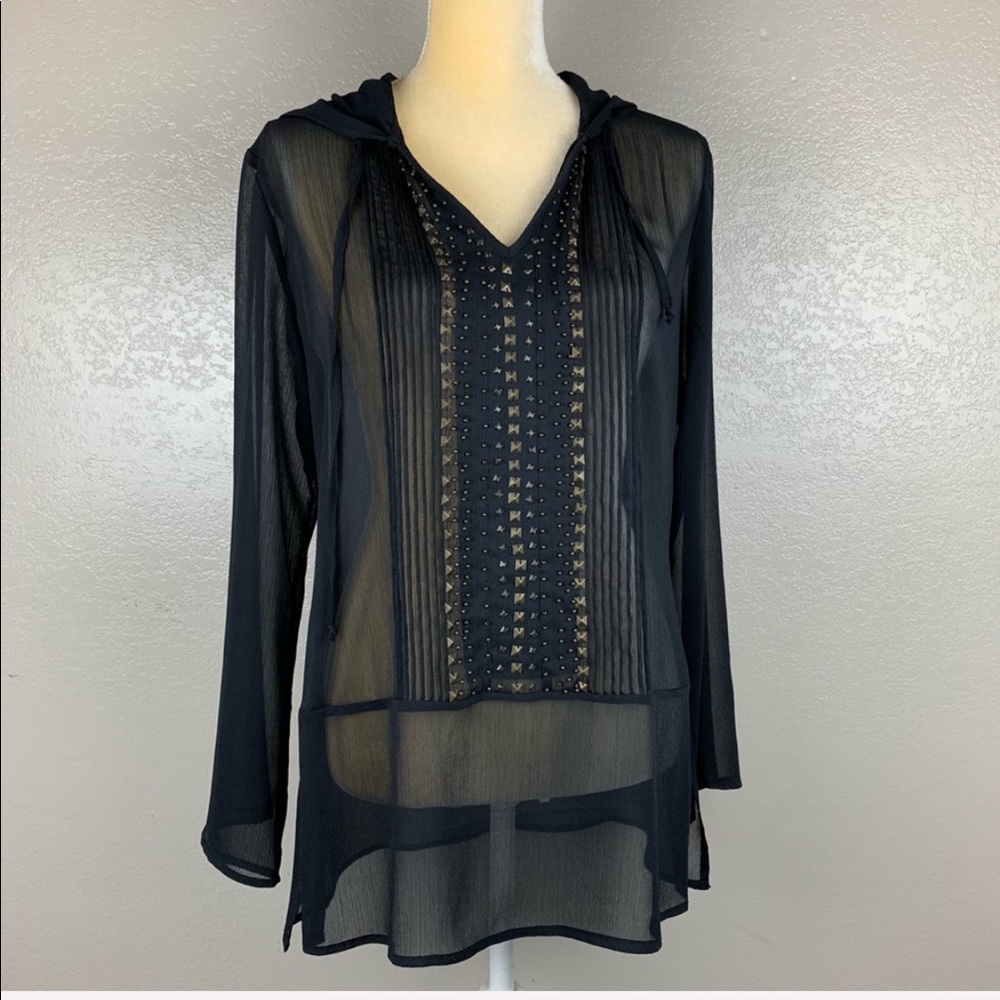 Chico’s Black Sheer Hooded BoHo Style Tunic Blouse - Picture 4 of 8